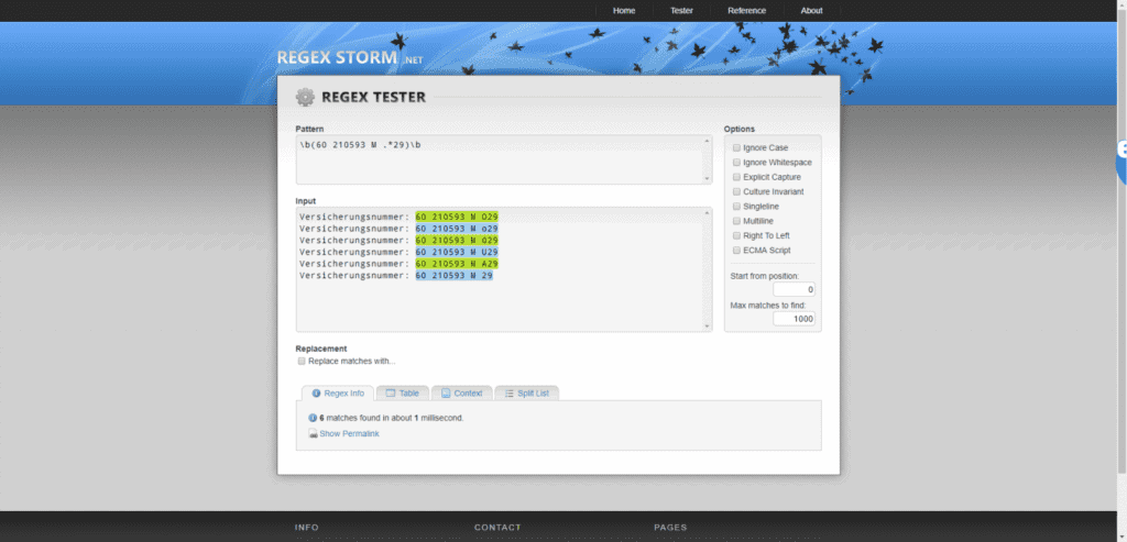 Regex Tester auf regexstorm.net/tester mit erweitertem Pattern und markierten Input (Input stimmt mit Regex-Kriterien teilweise überein)