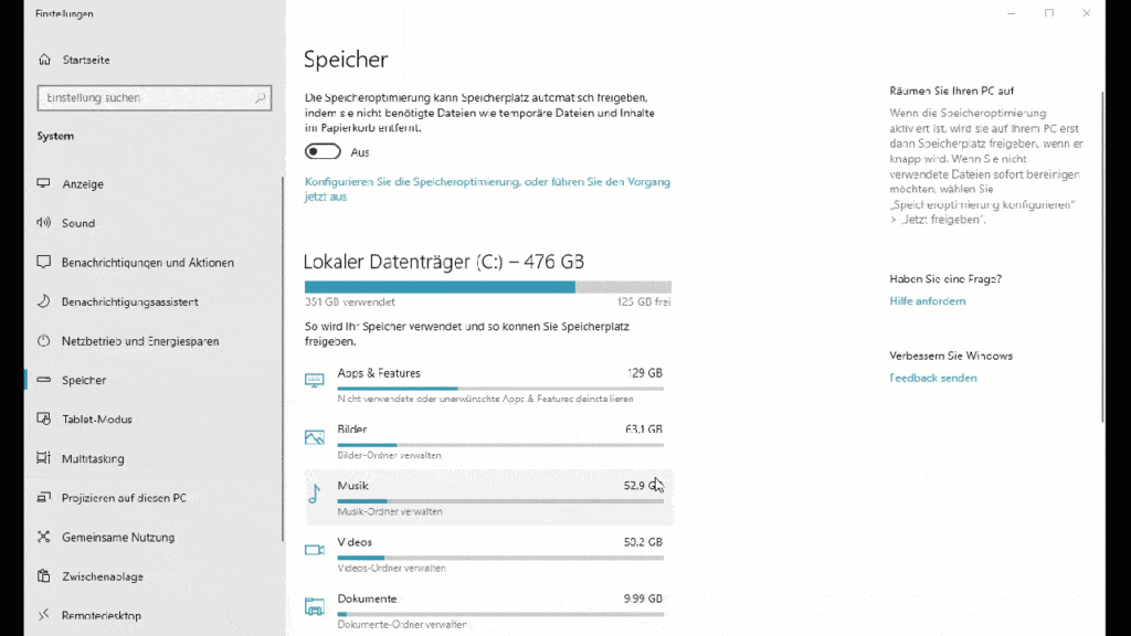 Dateien automatisch nach OneDrive auslagern in den Windows 10 Speichereinstellungen