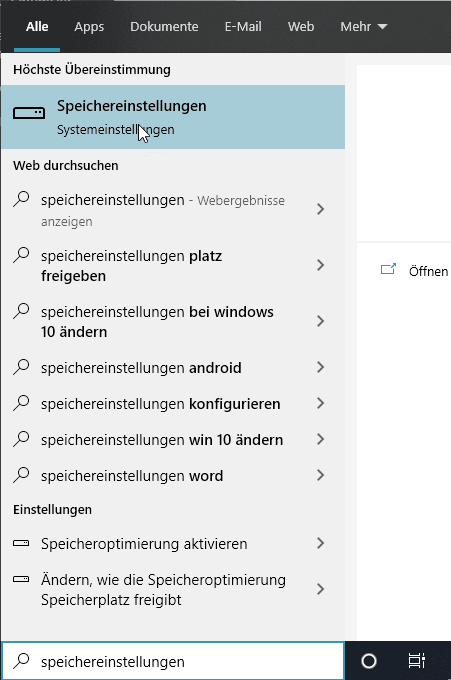 Windows 10 Speichereinstellungen im Startmenü