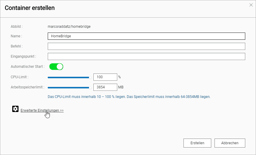 Erweiterte einstellungen des Homebridge Containers anzeigen