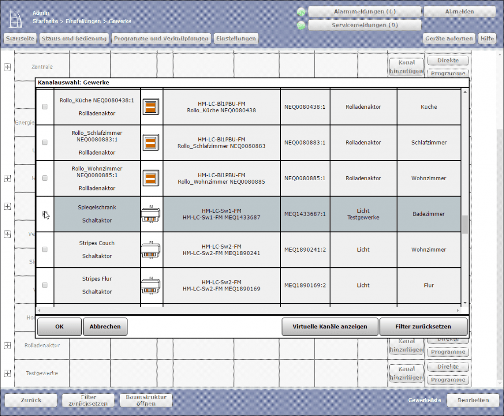 CCU2 Webinterface Gewerk Kanäle auswählen