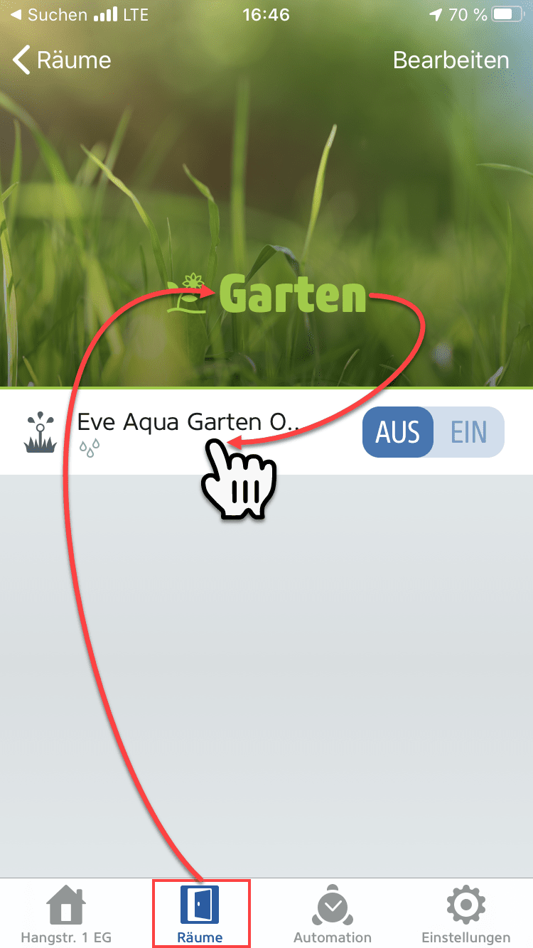 Eve Aqua in Räumen der Eve App suchen