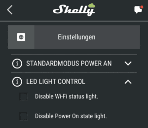 Shelly App Einstellungen um Indikator-Licht zu deaktivieren