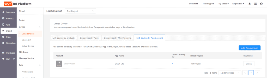 Tuya IOT Developer Account Step 12 Account Linked