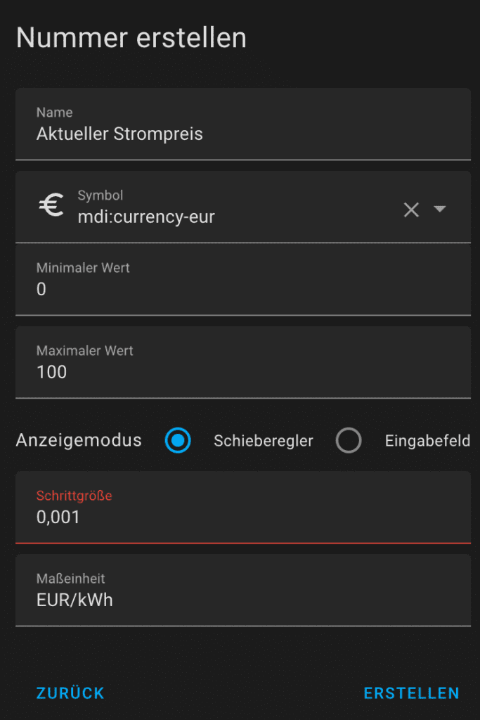 Input-Nummer für den aktuellen Strompreis