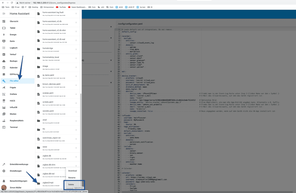 Z2M Config Ordner löschen mit Pfeilen