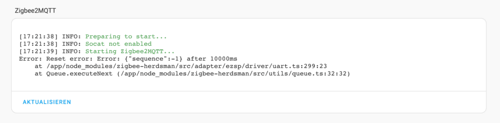 Z2M Fehler Reset error sequence -1 after 10000ms