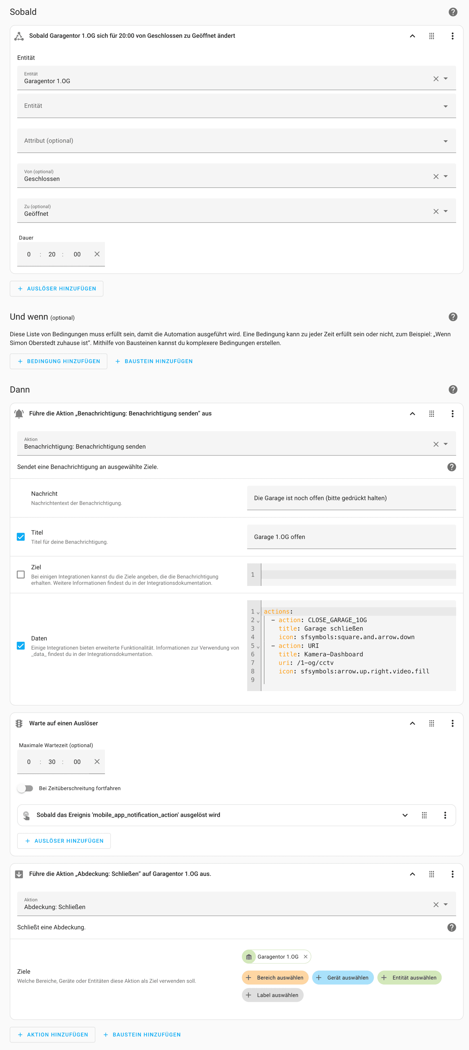 Screenshot der Home Assistant Automation "Garage 1.OG ist offen"